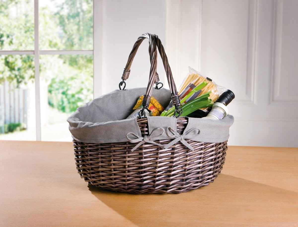 Einkaufskorb Modern, aus Weide, grau, klappbare Henkel, Picknick SB Korb